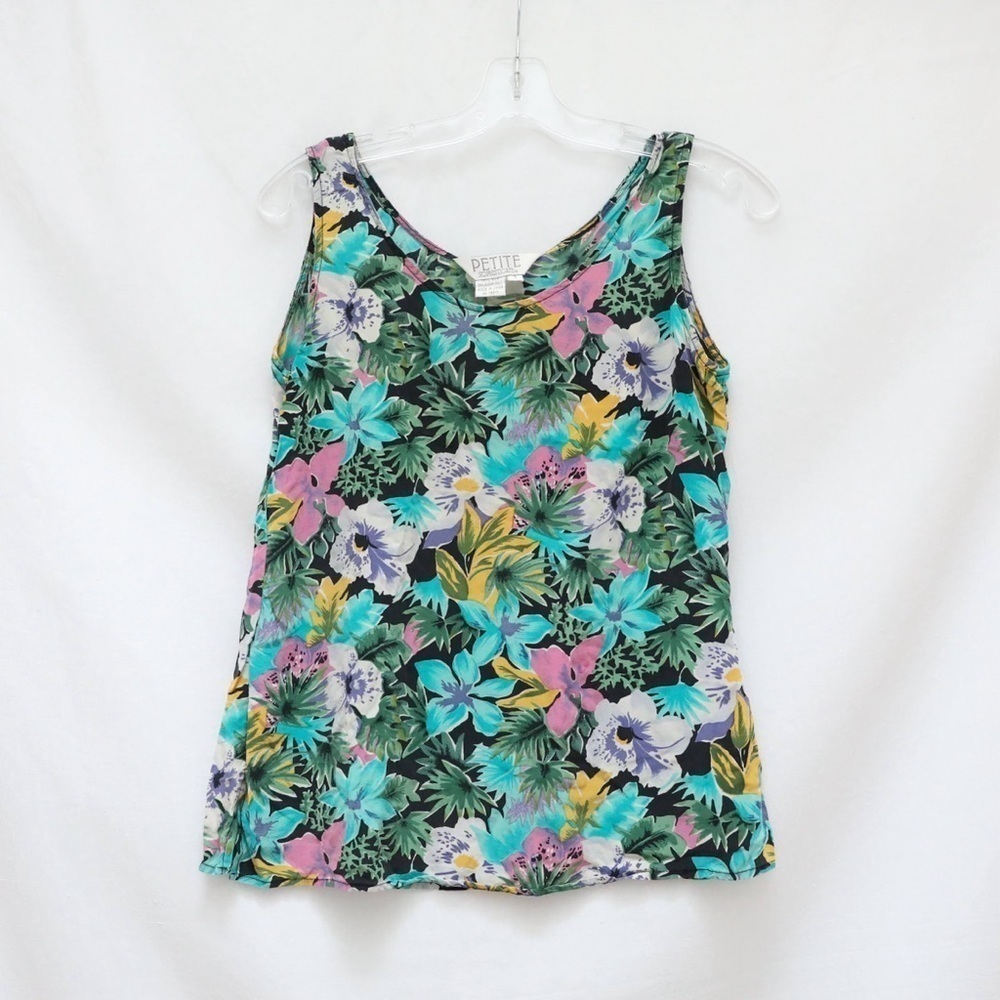 Vintage 100% silk floral print top tropical blouse green blue pink lightweight S